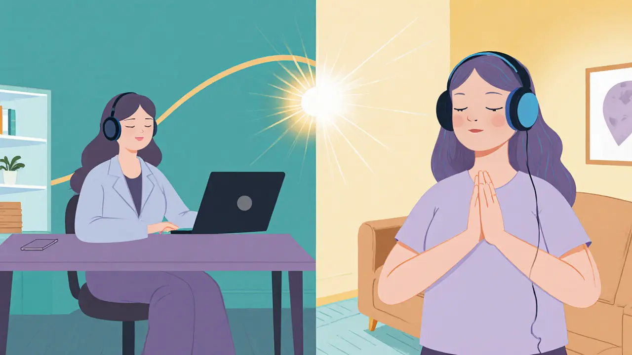 Terapeut a klient během online sezení; klient cvičí mindfulness s sluchátky, v pozadí jemná stoupající křivka symbolizující zlepšení.