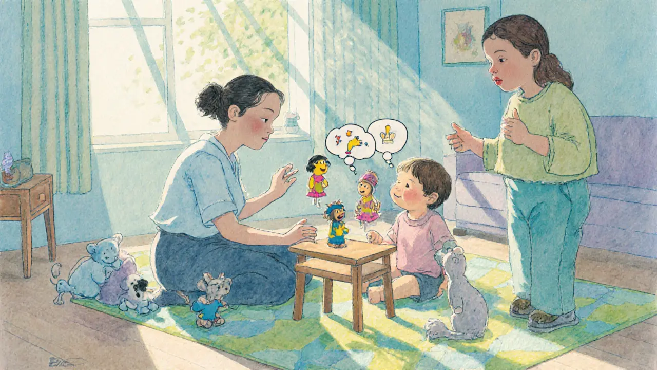 Terapeut hraje s dítětem pomocí loutek, rodič sleduje v místnosti.
