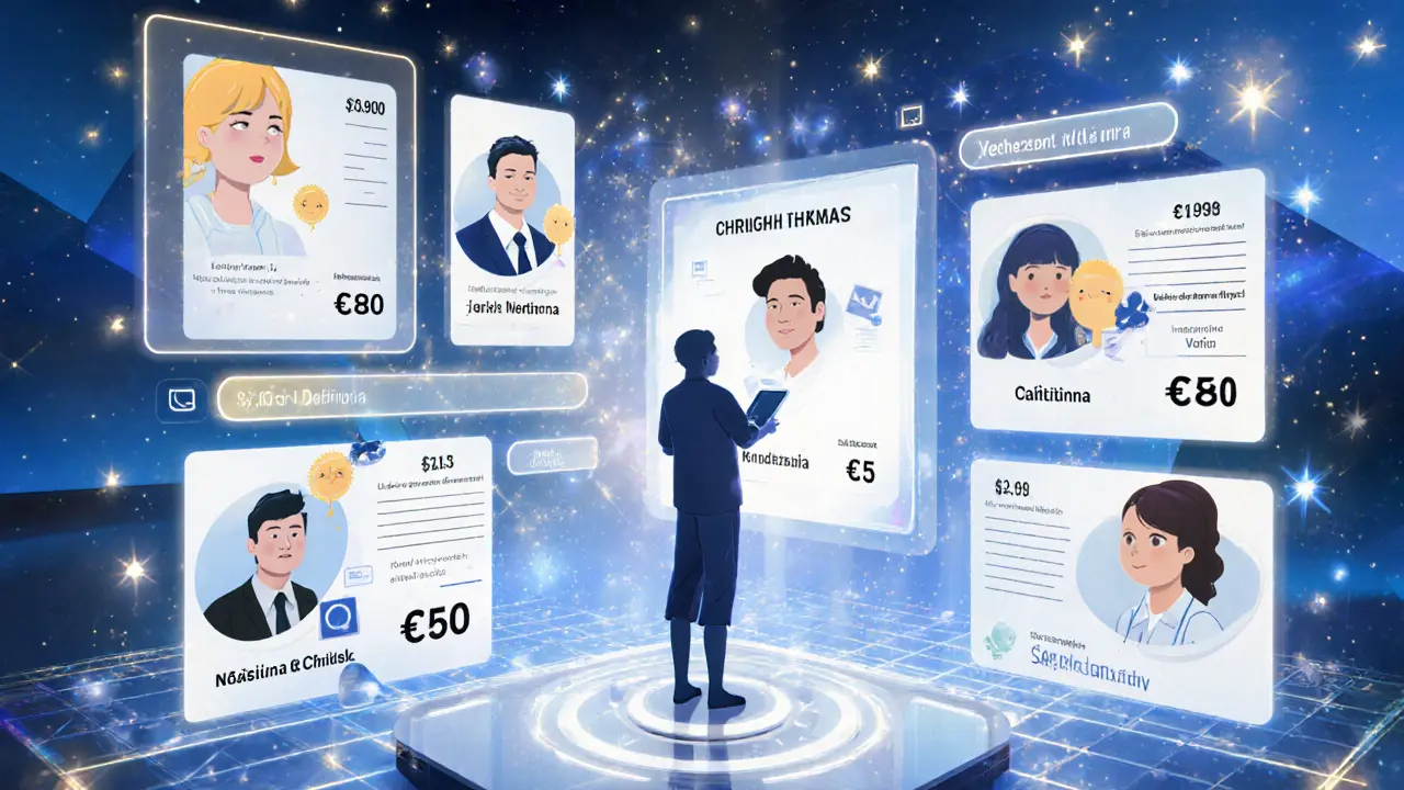 Digitální platforma ukazuje profily terapeutů s cenovými štítky.