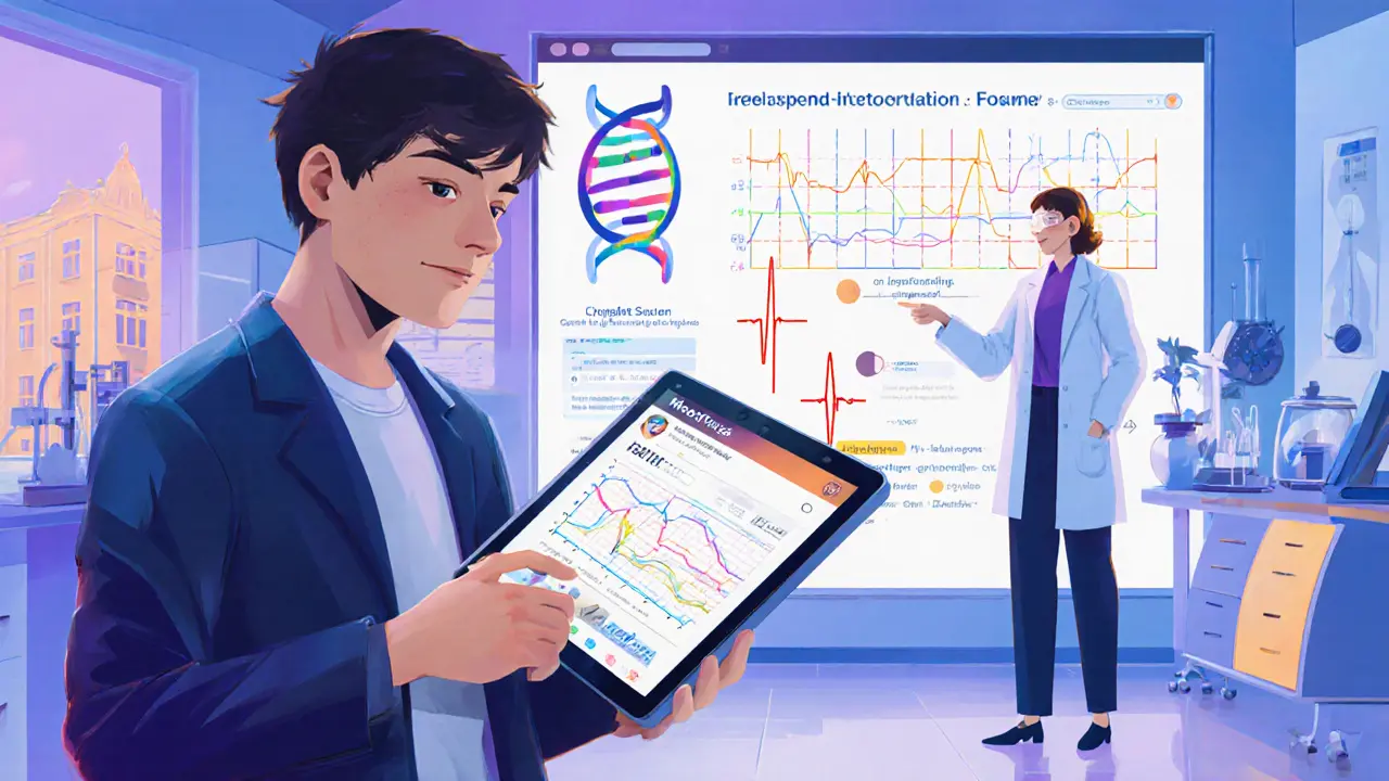 Pacient s aplikací MoodTrack, vědec s DNA helix a terapeut analyzující data na obrazovce.