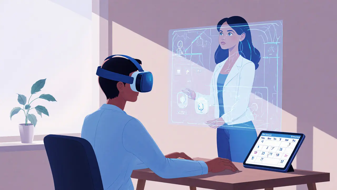 Hybridní terapie s VR headsetem a holografickým terapeutem, ukazující budoucnost.
