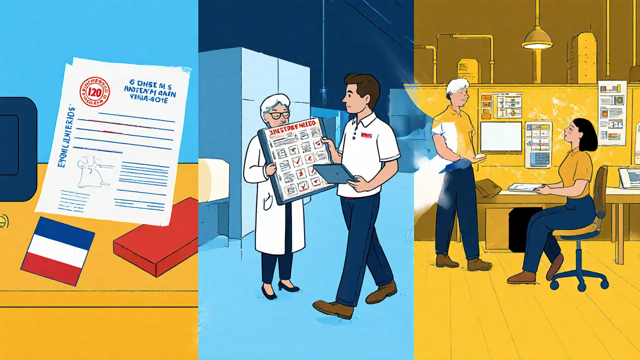 Ilustrace kroků žádosti: formuláře, analýza, úprava pracovního místa a asistent pomáhá.