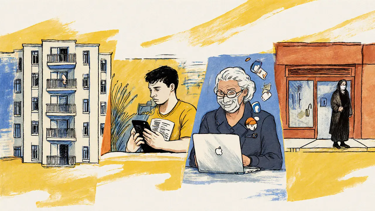 Ilustrace čtyř faktorů izolace: jednopodlažní byt, práce, digitální obrazovky, pandemie.