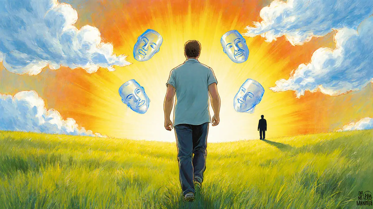 Dospělý v rozkvetlé louce odhazuje masky, za ním podpora v podobě stínu.