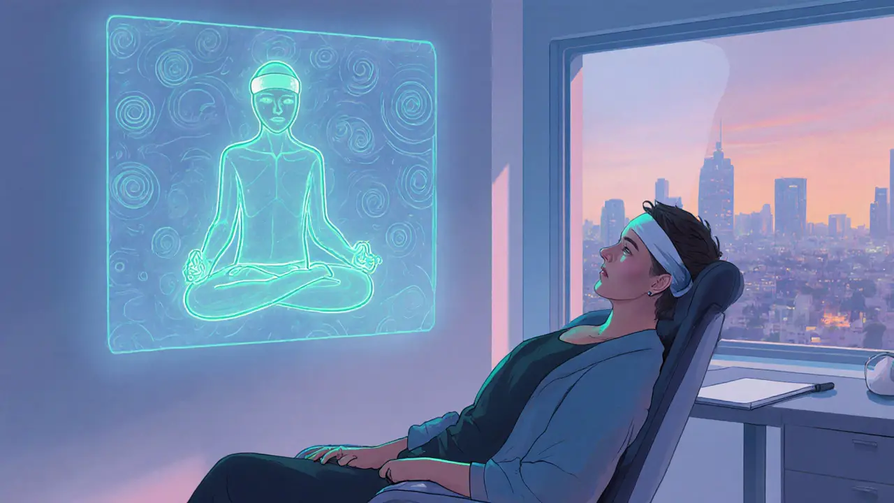 Jedinec s AI neurofeedback zařízením, personalizovaná meditace.