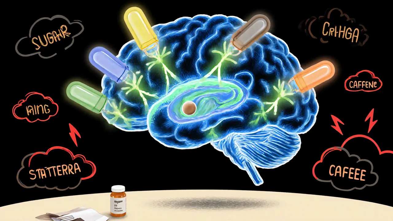 Kresba mozku s omega‑3, zinkem, železem a pilulkou Strattera, ukazující neurotransmitery.