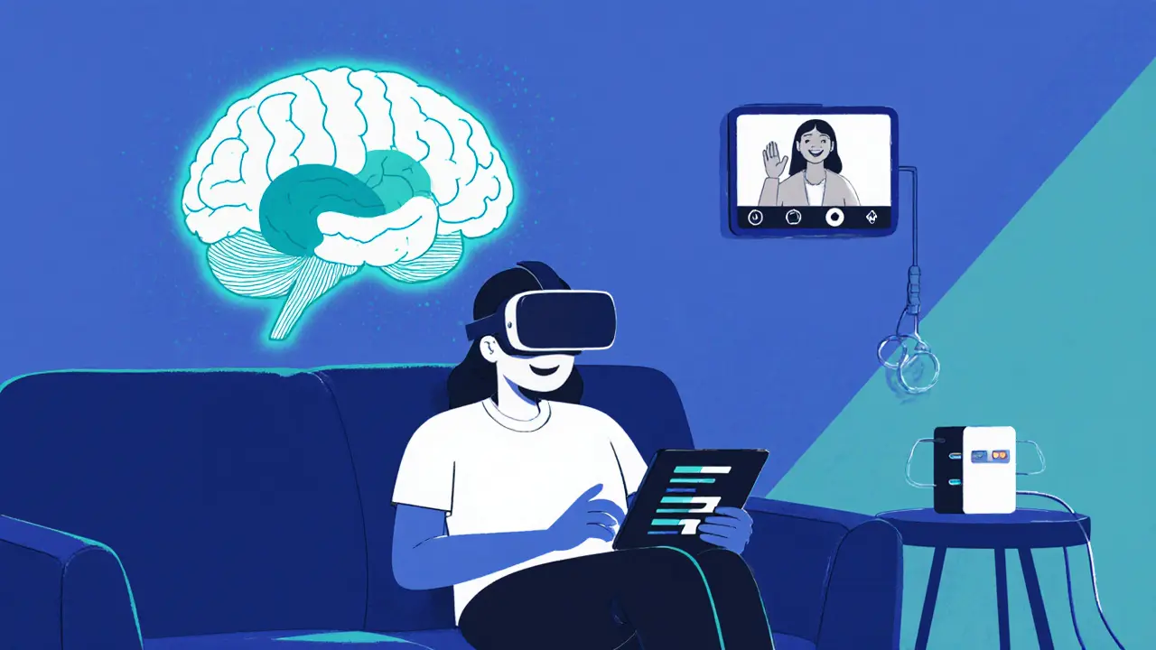 Online platforma ERP, virtuální realita a neuromodulační zařízení v ilustraci.