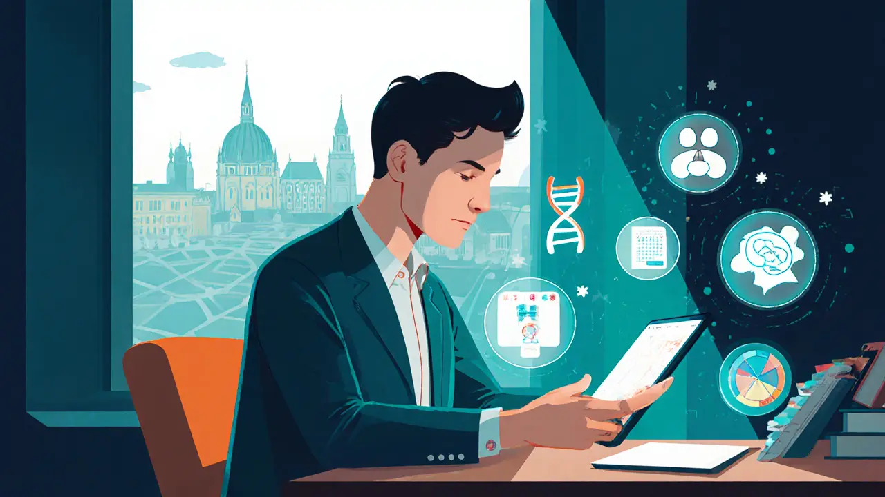 Dospělý používá mobilní aplikaci s digitálními a genetickými motivy.