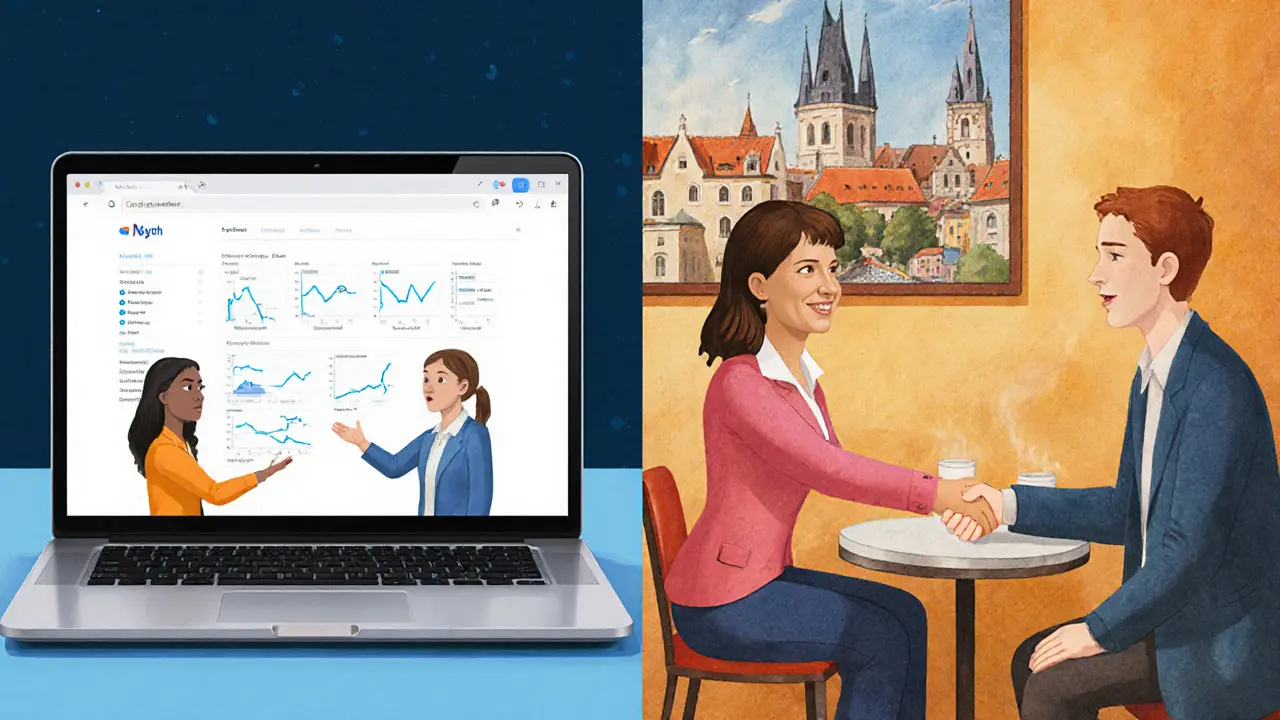 Kombinace online AI‑asistované terapie a osobního setkání, expat s úsměvem.