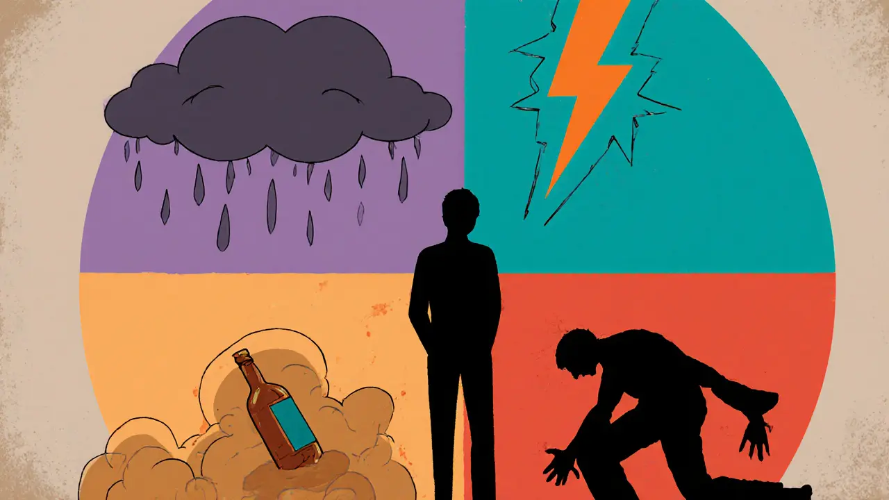Silhouette rozdělená na čtyři části: deprese, úzkost, závislost, porucha osobnosti.