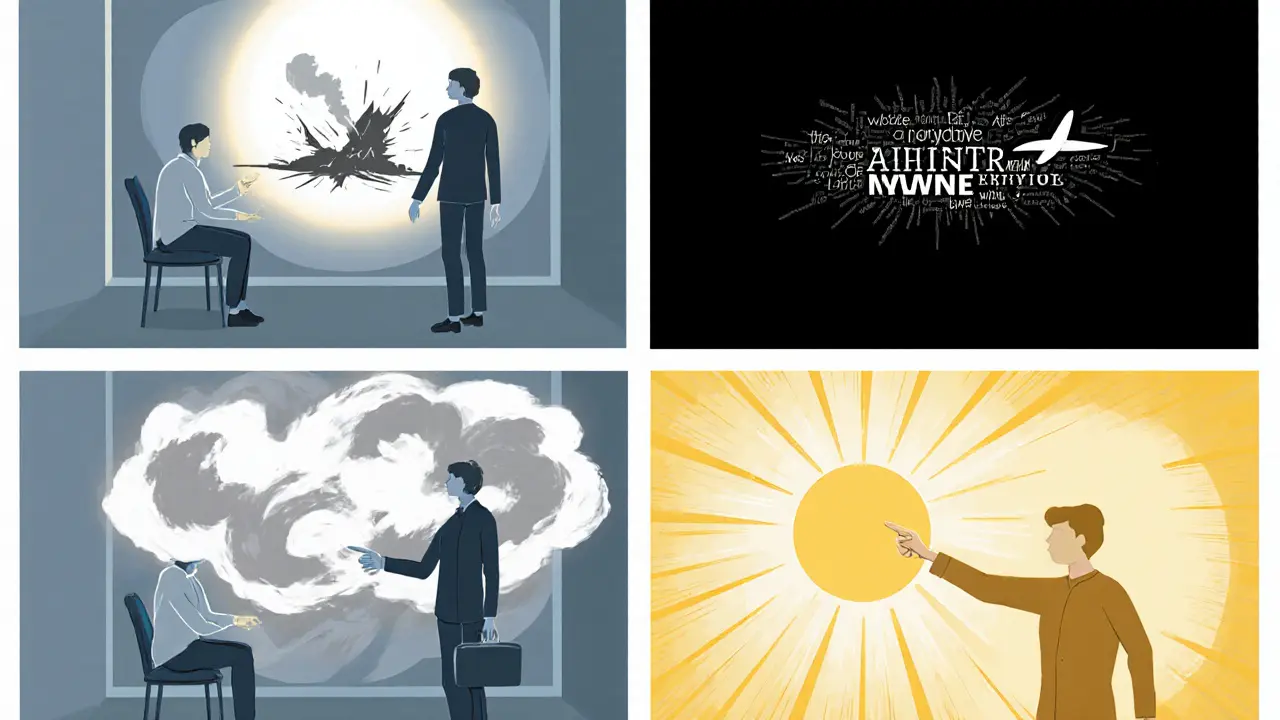 Storyboard ukazující kroky flash‑forward terapie: stabilizace, scénář, negativní víra, bilaterální stimulace, pozitivní víra.