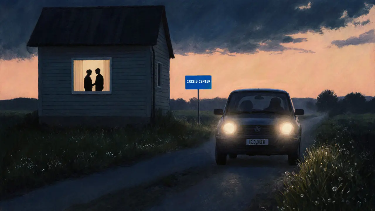 Auto na venkovské silnici jede k centru krizové pomoci na ranním světle.