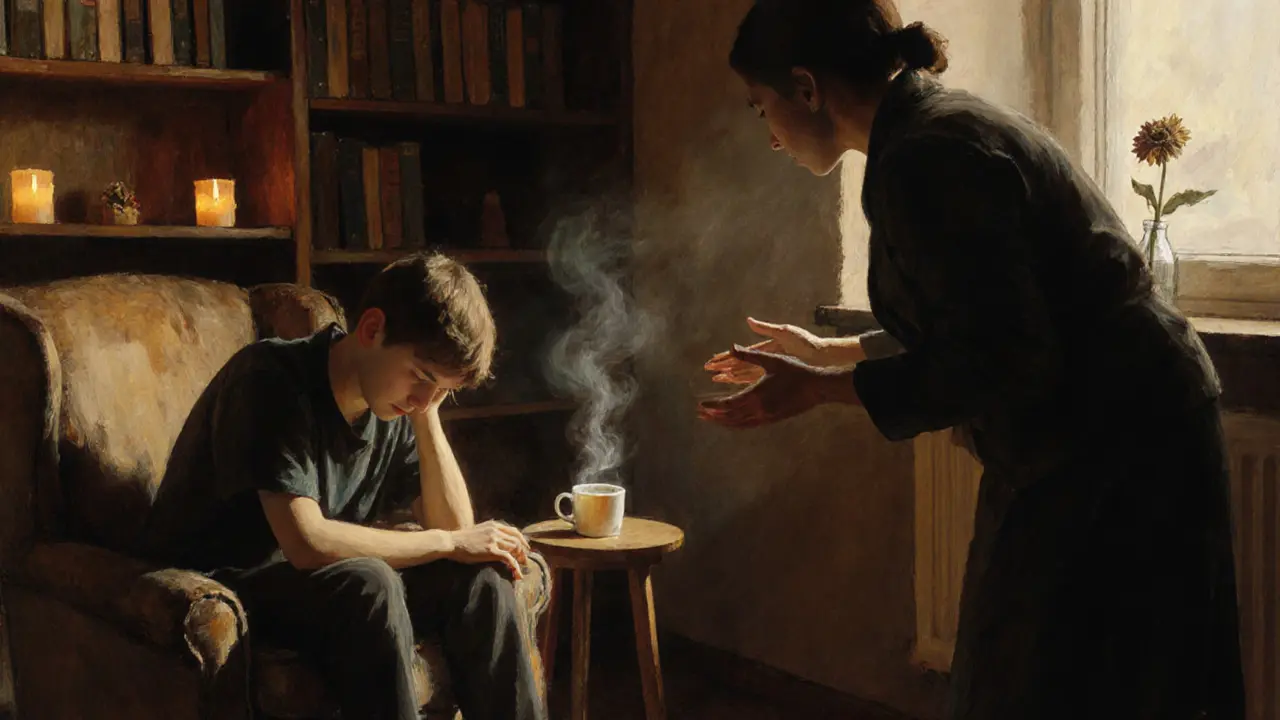 Teenager a poradce sedí v klidné místnosti s čajem a svíčkou.