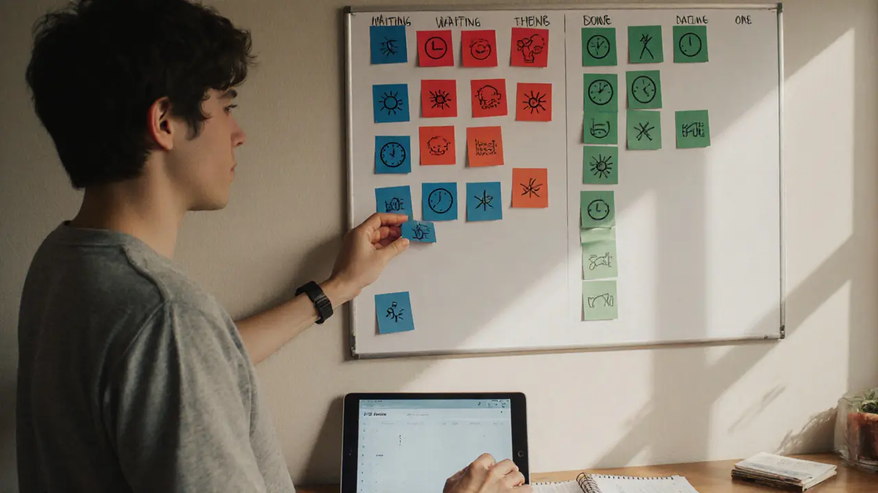 Dospělý přesouvá barevné magnetické lístečky na stěnné tabuli s ikonami.