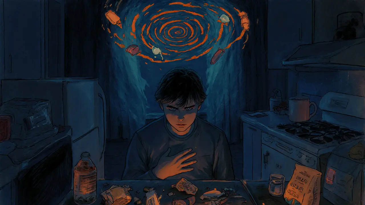 Osoba v noční kuchyni s odpadky jídla, obklopená symbolickými spirálami zvracení a laxativ.