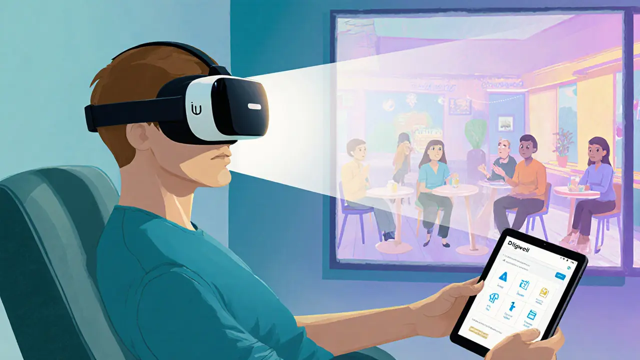 Pacient s VR headsetem používá aplikaci Digiwell k tréninku sociálních rozhovorů.