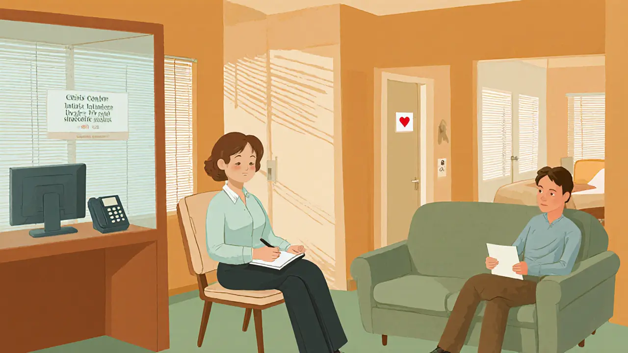 Psycholog a klient hovoří v klidné místnosti krizového centra, v pozadí jsou další prostory.