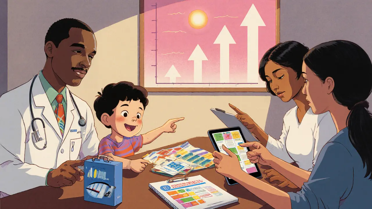 Rodina s lékařem a terapeutem, genetický test, tablet s aplikací pro ADHD.