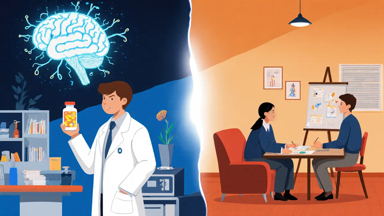 Rozdělený obraz: levá strana léky a dopamine, pravá strana terapeut a CBT.