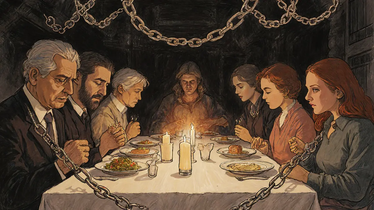 Skupina lidí sedící u stolu s nepožitými jídy, obklopených průhlednými řetězy z viny a strachu.