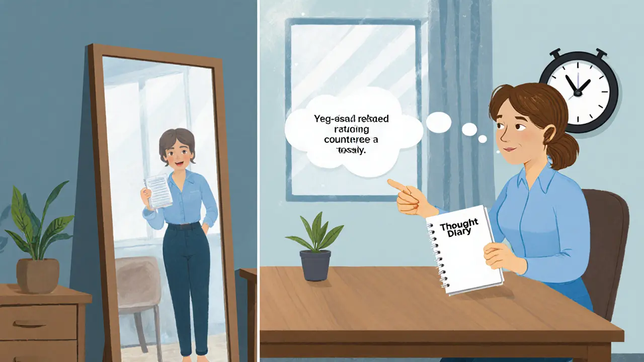 Terapeut a pacient během kognitivně‑behaviorální terapie, ukazující expoziční cvičení.