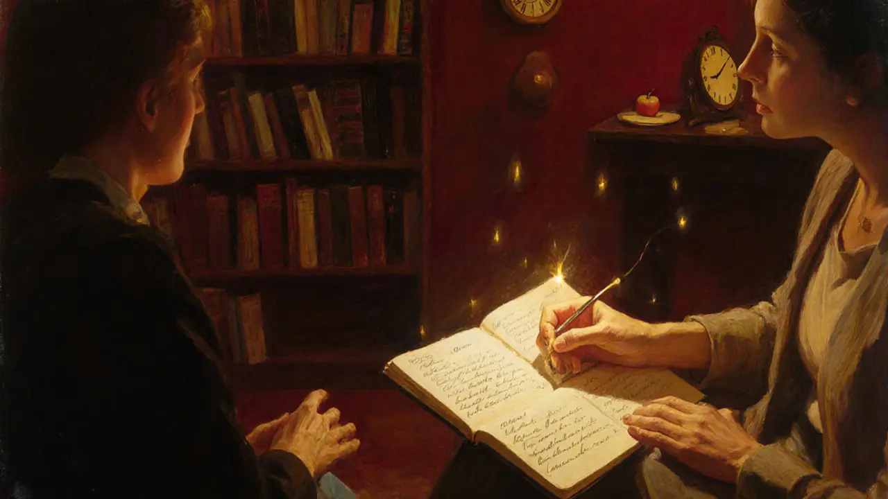 Terapeut a pacientka sedí spolu v klidné místnosti, spojení světla symbolizuje léčebný proces.