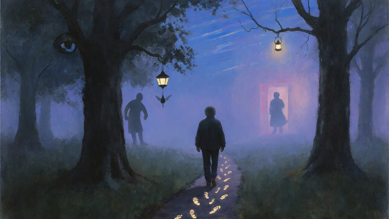 Cesta lesní cestou, kde každý krok mění strach v jas, a v dálce svítí lucerna jako symbol naděje.