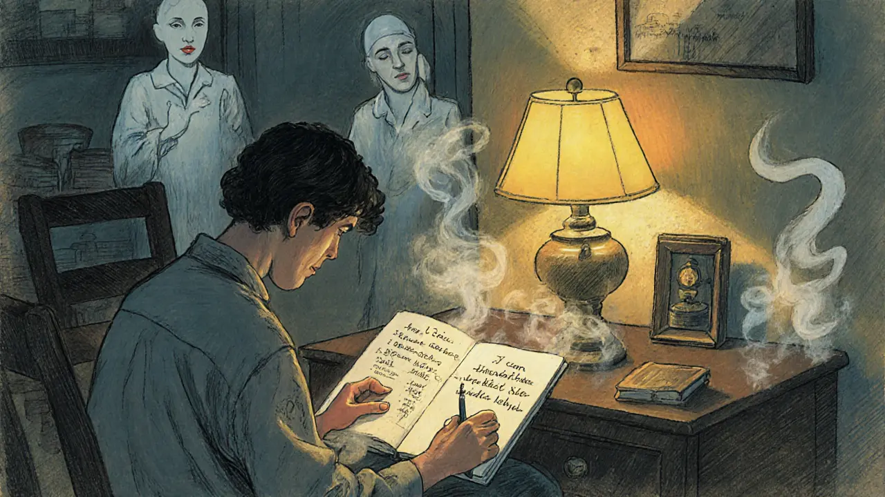 Člověk píše v deníku ve večerním světle, iracionální emoce se mění v kouř, racionální myšlenky září.