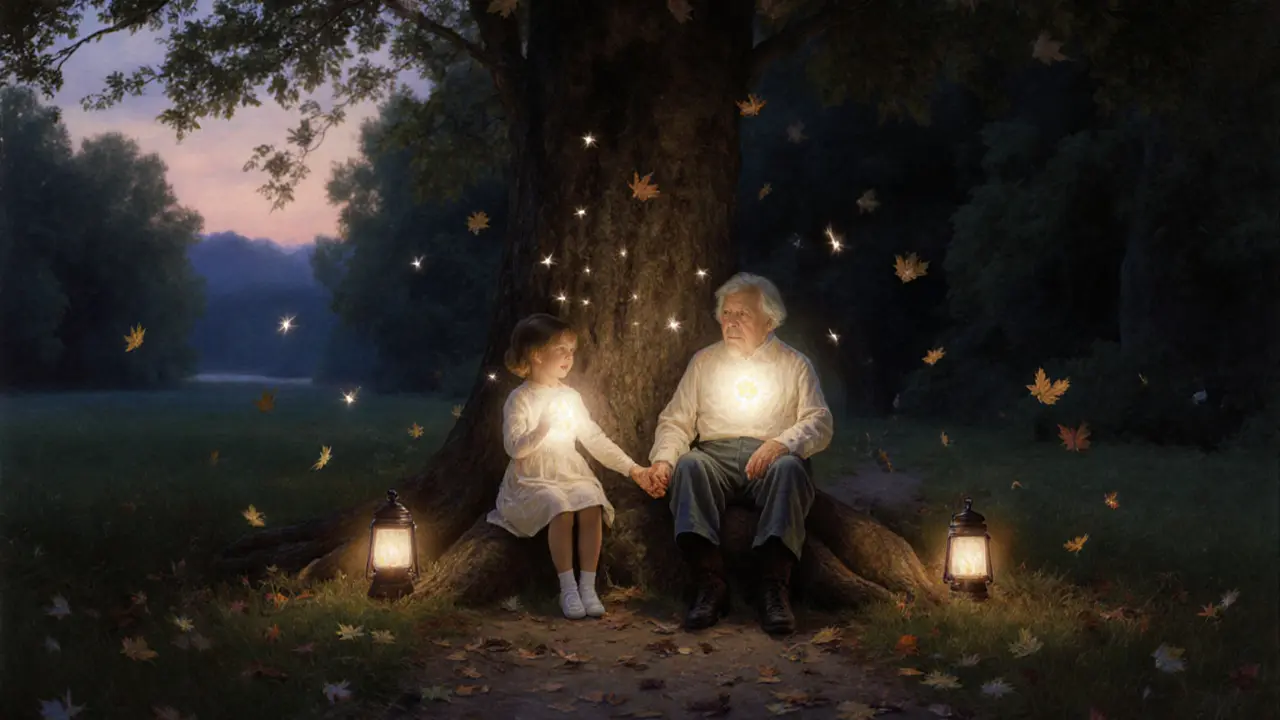 Dítě a starší osoba pod stromem, jejich soucitná já se vynořují jako jemné záře ve večerním světle.