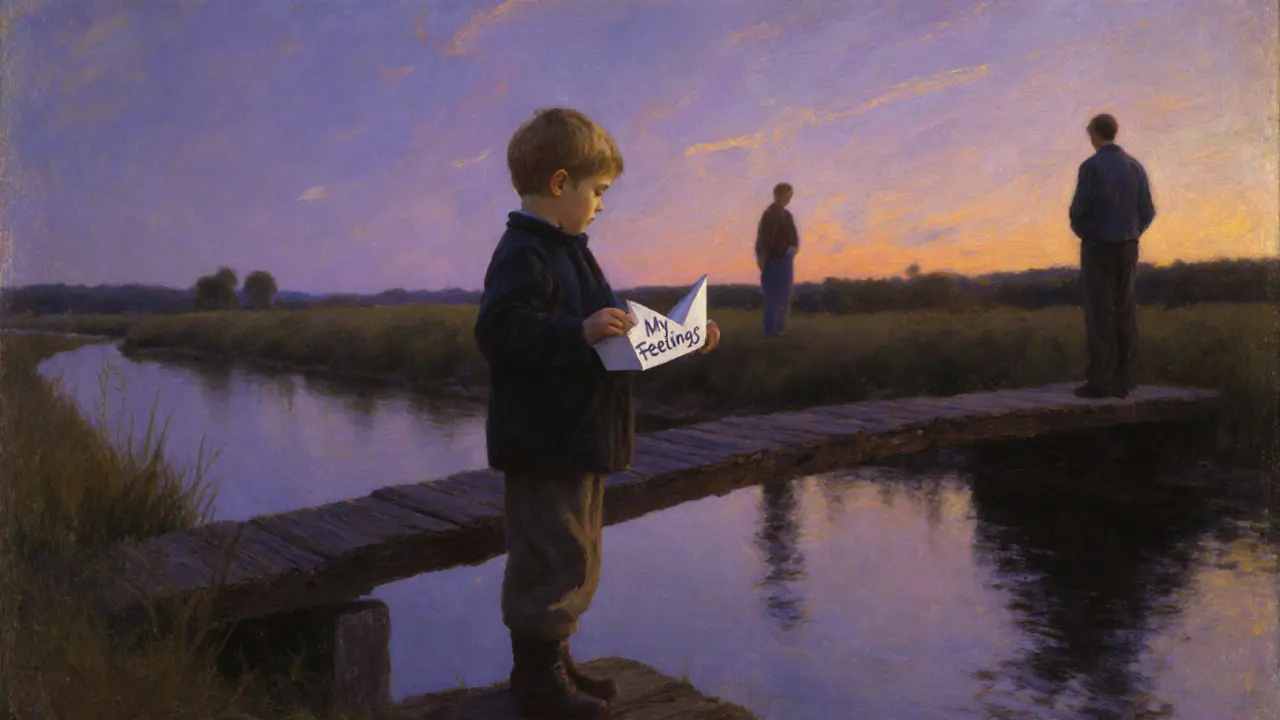 Dítě drží loďku s pocity na mostě při západu slunce, rodiče pozorují z dálky, nezakročí.