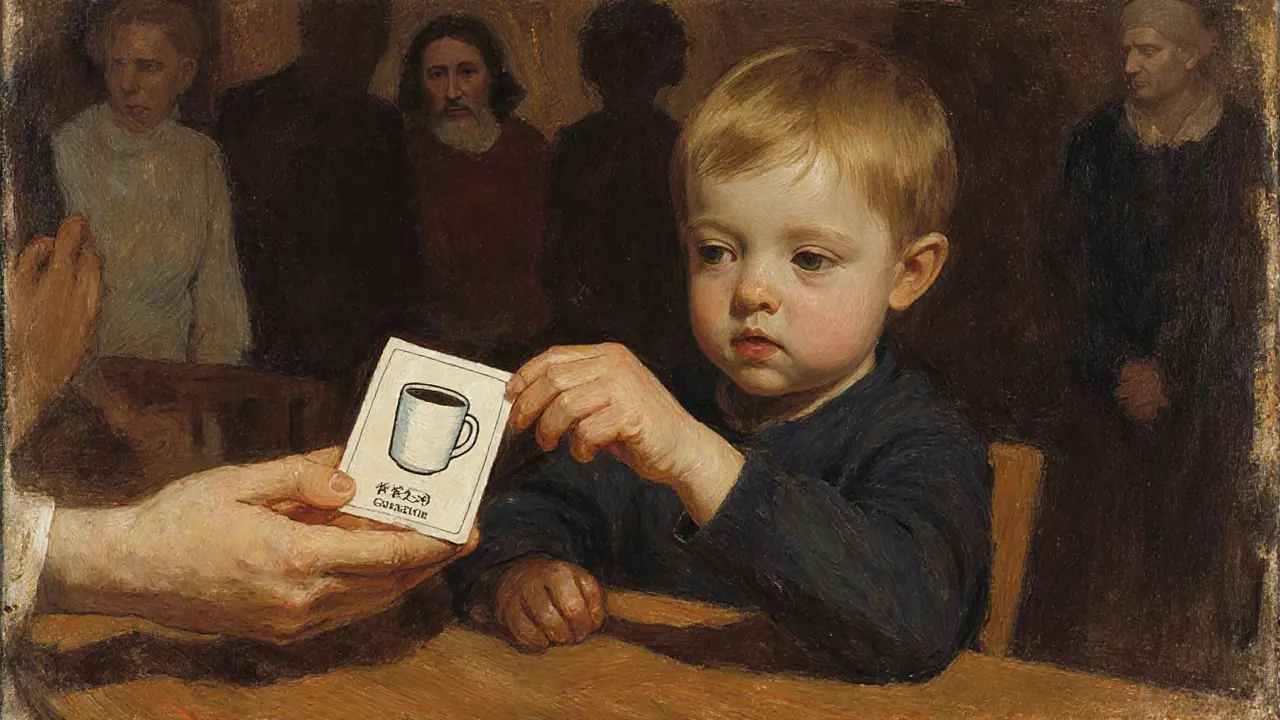 Dítě předává terapeutovi obrázek šálku, symbolizující komunikaci pomocí PECS.