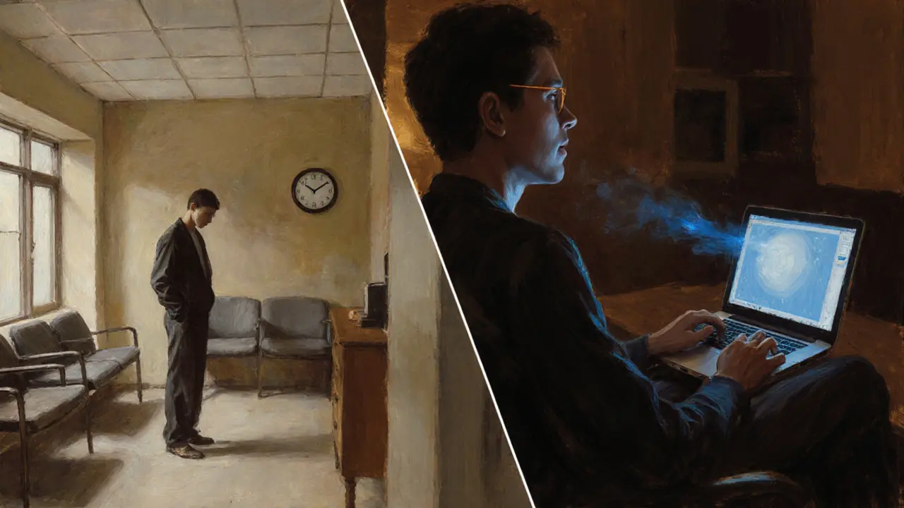 Dva scény vedle sebe: čekárna s prázdnými židlemi a domácí prostředí s terapeutem na obrazovce.