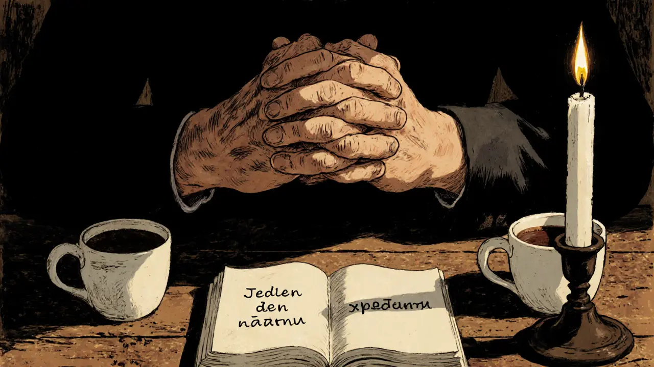 Dvě ruce se drží za ruce u stolu s kávou a svíčkou.