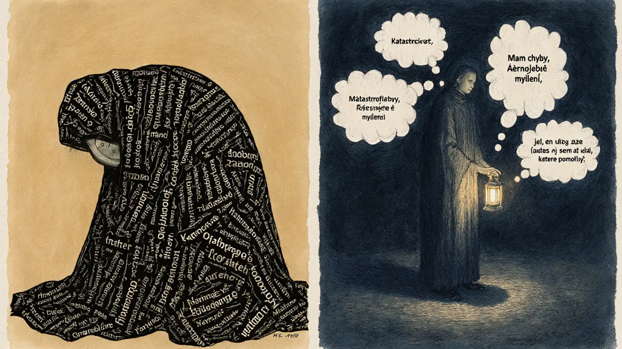 Dvě scény: jedna s člověkem pod tíhou zkreslených myšlenek, druhá s ním, jak stojí se světlem a vyváženými myšlenkami