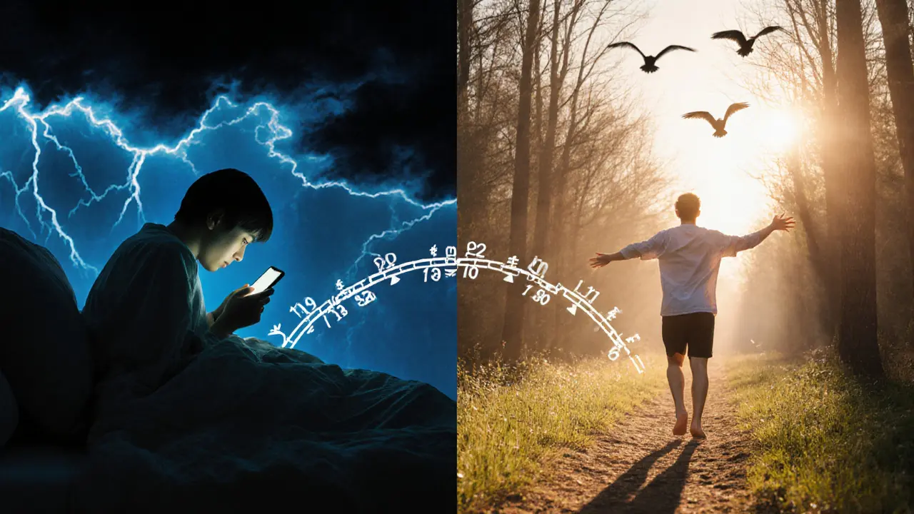 Dvě scény: osoba s telefonem v noci a ta samá osoba v slunečném lese ráno.