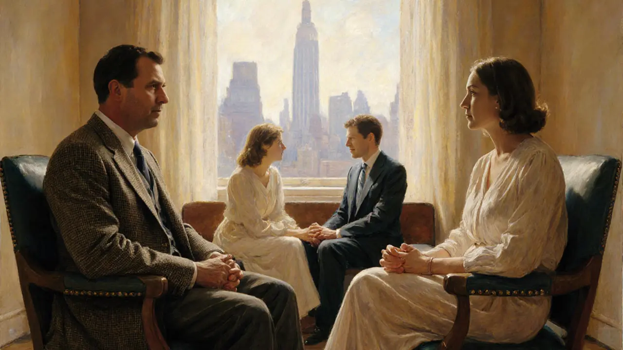 Dvojice terapeutů pracují s párem, každý s jedním partnerem, zatímco společně sedí a spojují se.