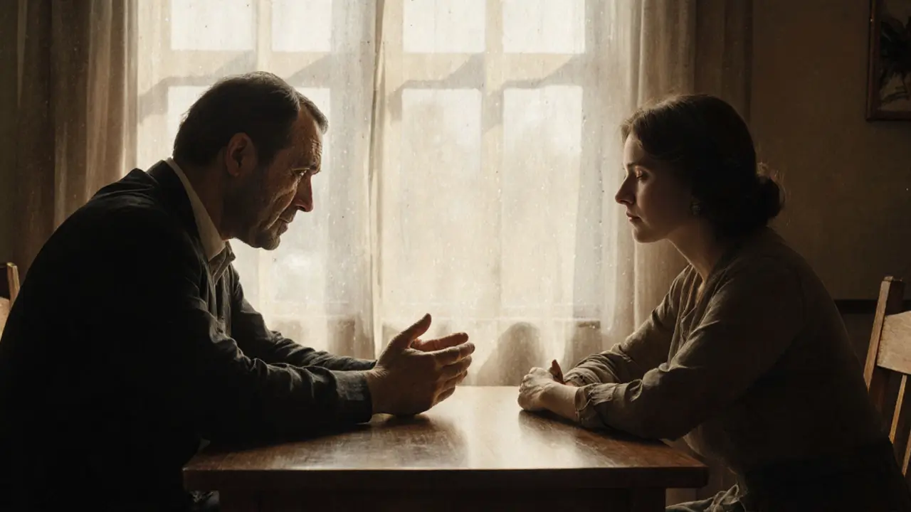 Dvojice v terapeutické místnosti, muž pláče, žena ho pozoruje – náznak úcty a zranění.