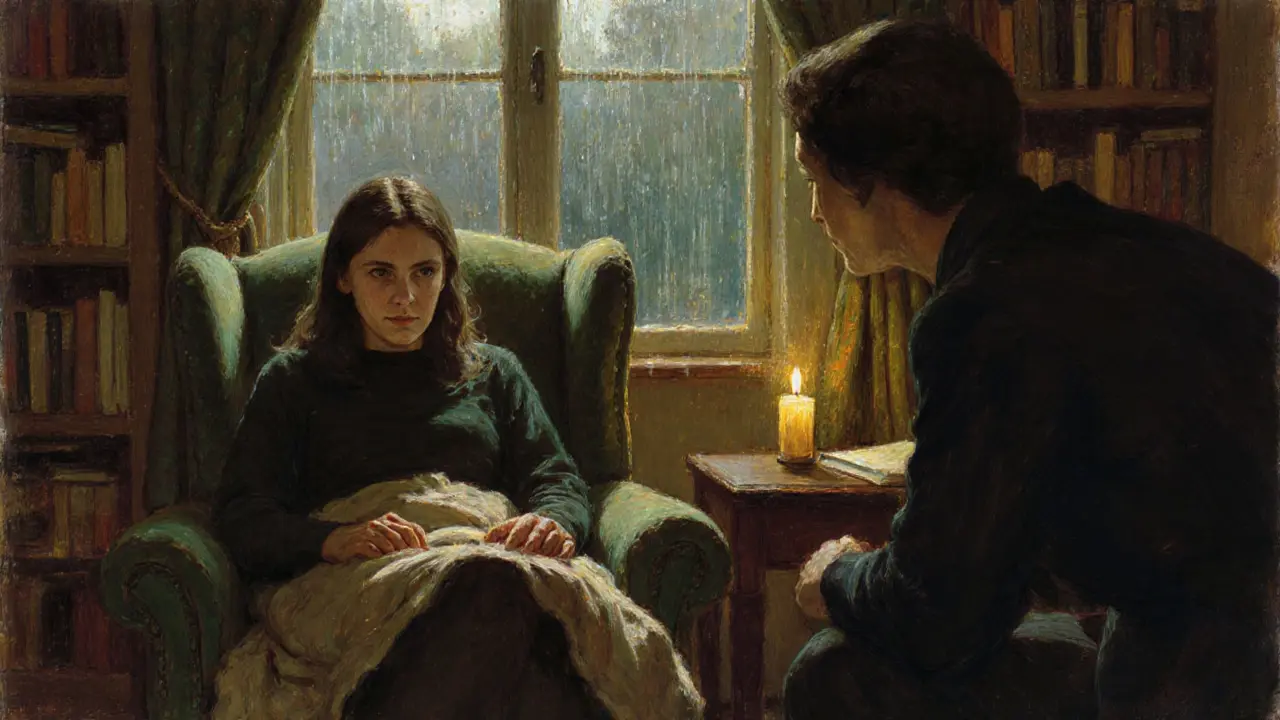 Klient a terapeut v klidné kanceláři, klient se zdráhá mluvit, terapeut poslouchá s mírumilovnou přítomností.