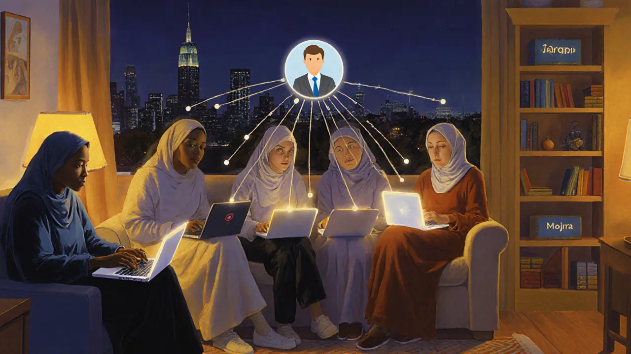 Lidé používají počítače doma k online terapii, spojeni světlými linkami s terapeutem, v teplém, pohodlném prostředí.