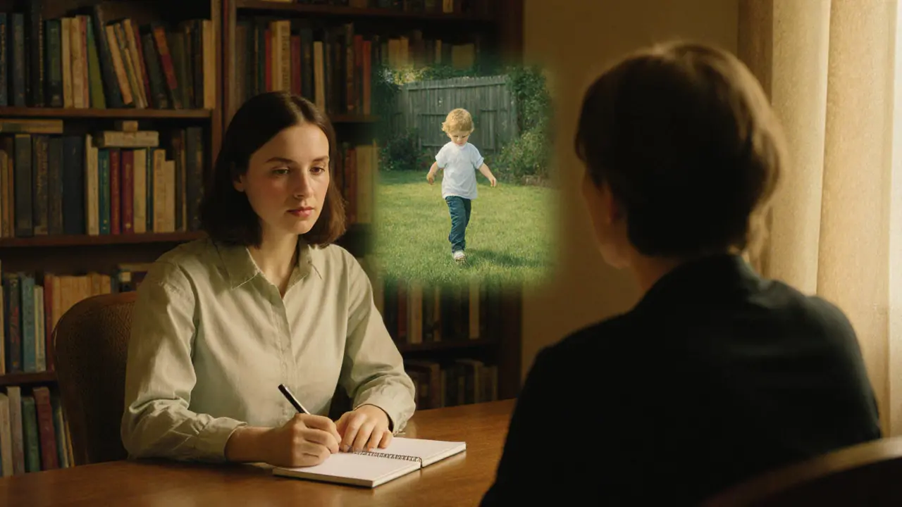 Matka poslouchá terapeuta v klidné místnosti, za ní se objevuje polopřehledný obraz jejího dítěte venku.