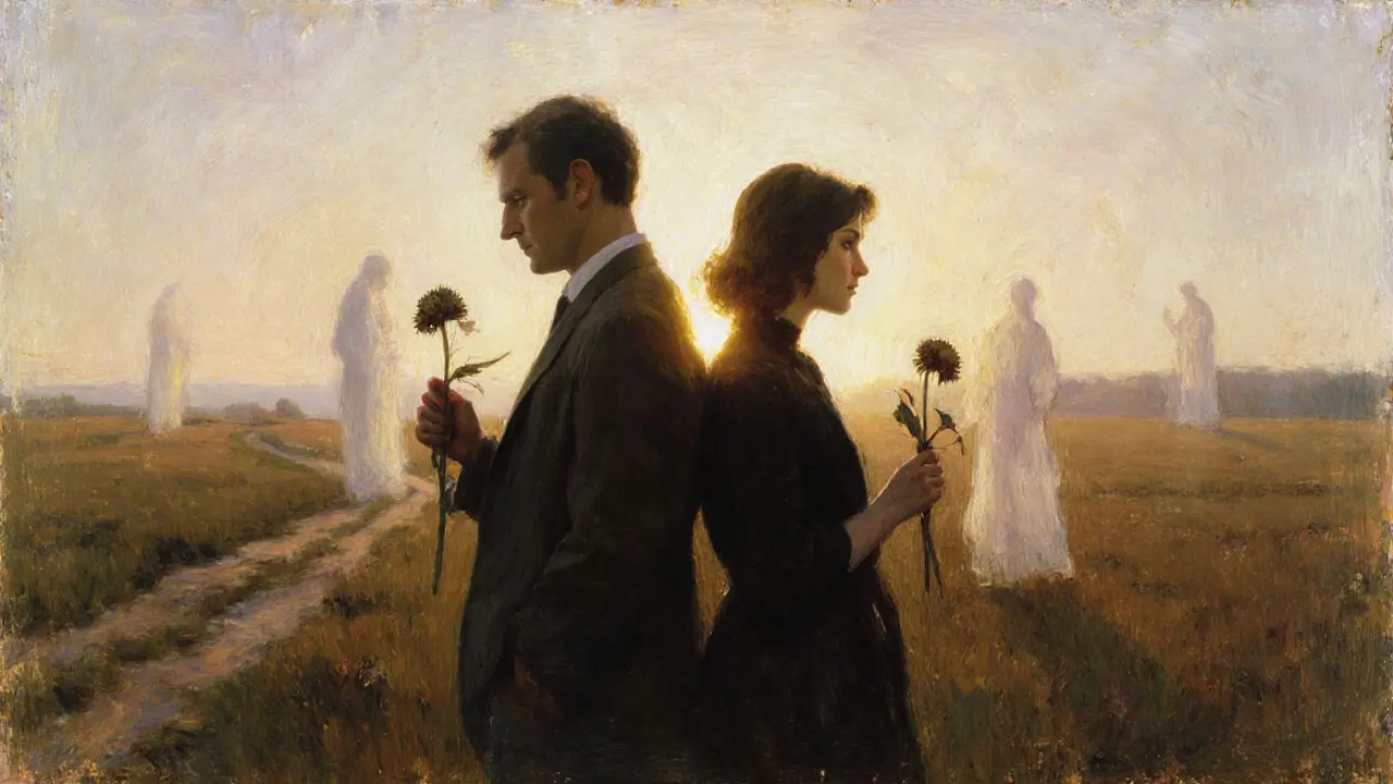 Muž a žena stojí zády k sobě v poli, drží květiny, mezi nimi plavou stíny minulých konfliktů.