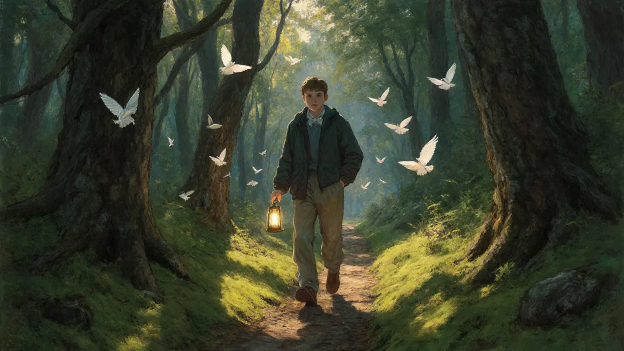 Muž kráčí lesem, rukou se dotýká kůry stromu, myšlenky jsou jako ptáci v okolí.