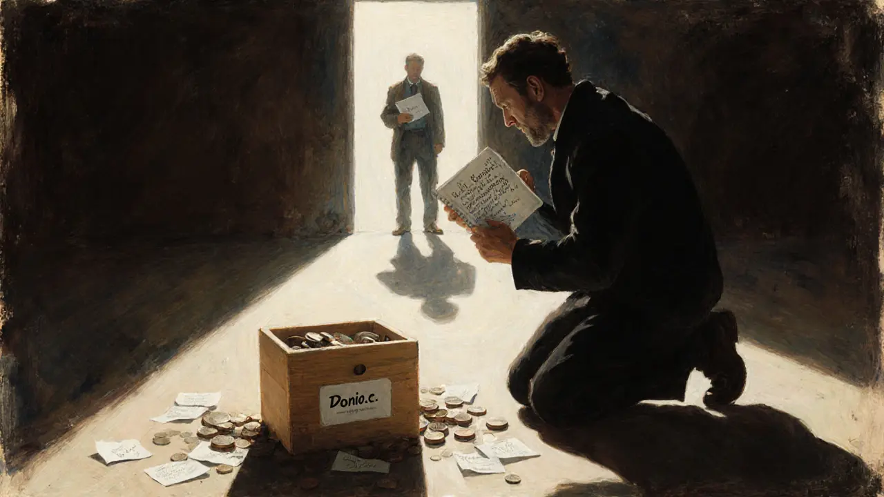 Muž před donation boxem Donio.cz, za ním světelná cesta od tmy ke světlu, symbolizující překonání krize.