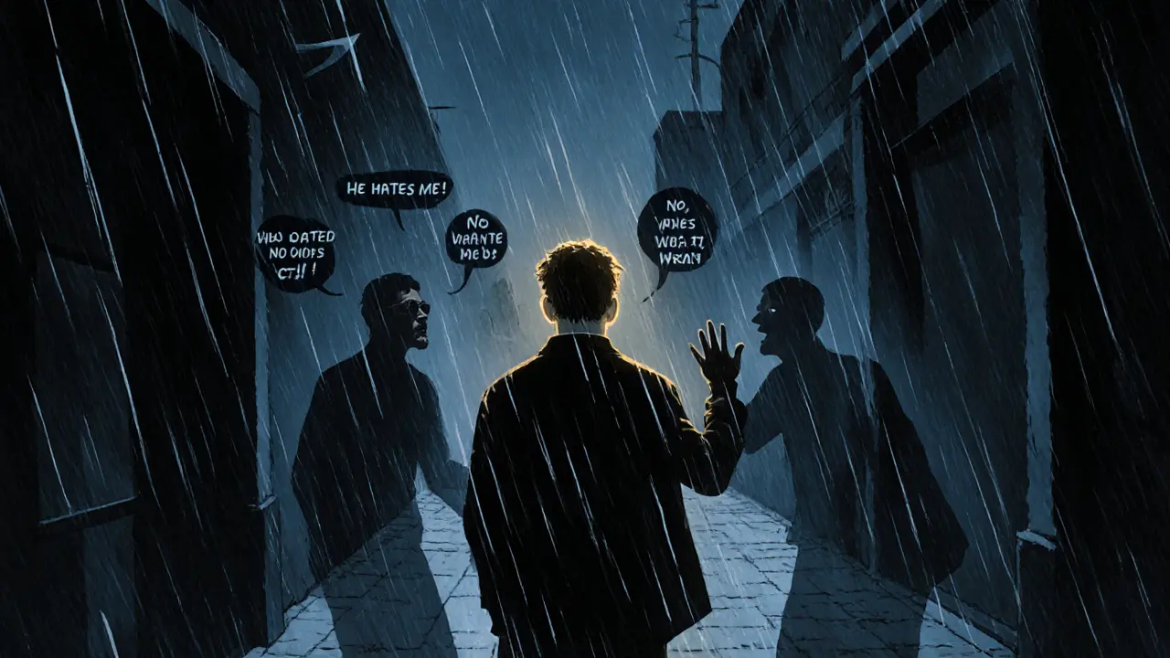 Muž v dešti, jeho stín se mění v tři různé emoce, z nichž jedna je zastavena zlatým světlem přemýšlení.