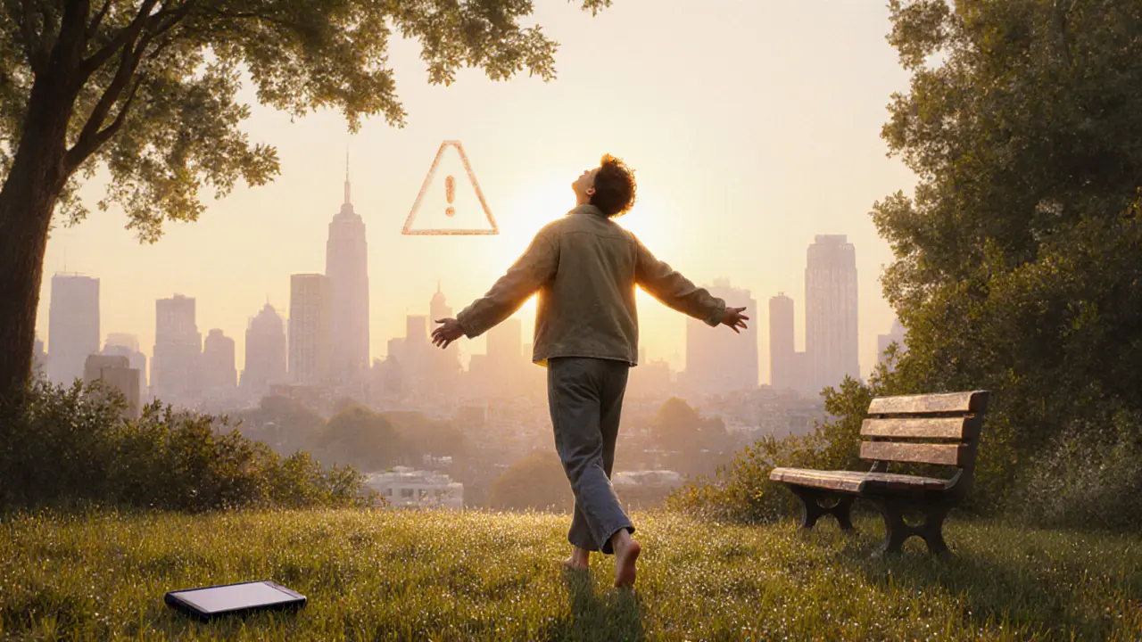 Osoba chodí bosá na trávě na ranním slunci, ruce otevřené k nebi, symbol úzkosti se rozpouští ve světle.