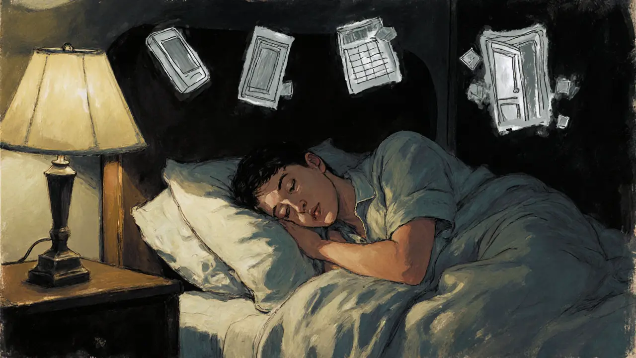 Osoba na gauči pláče, kolem ní průhledné vzpomínky z minulosti, osvětlená jedinou žárovkou.