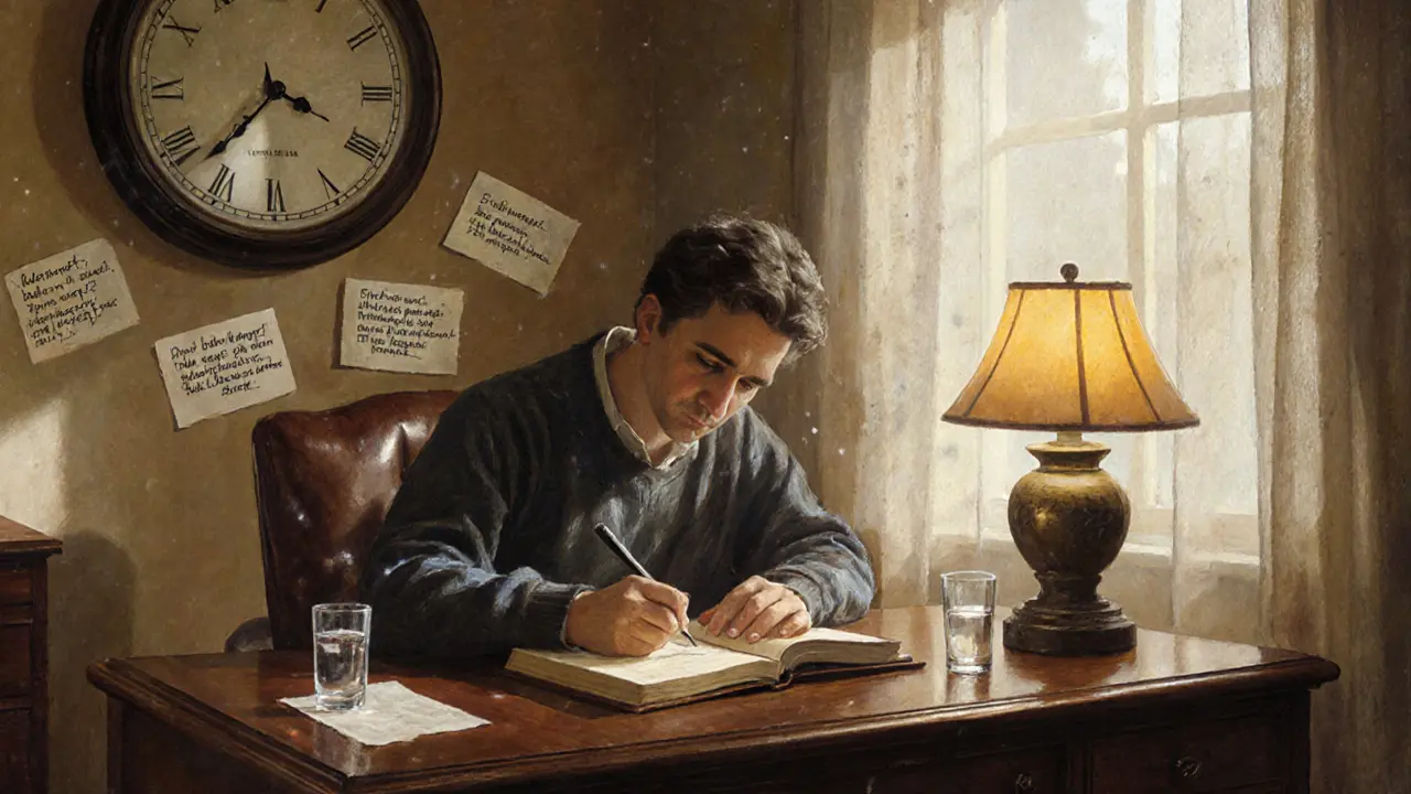 Osoba píše do deníku na stole, vedle ní voda a magnézium, sluneční světlo osvětluje její koncentrovaný výraz.