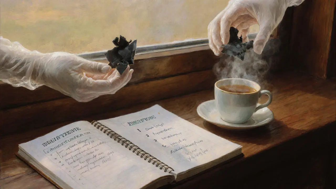 Otevřený sešit na windowsill s kroky kognitivní restrukturalizace, temné myšlenky se odplavují do světla