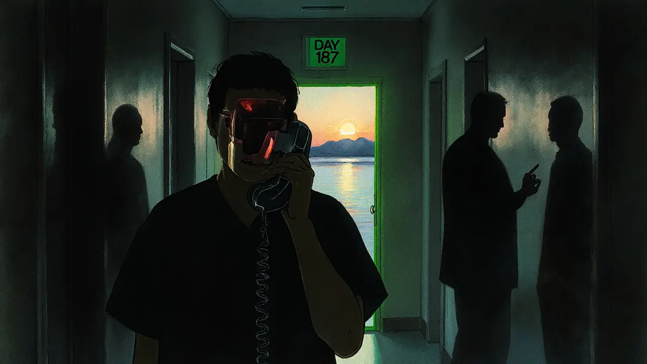 Pacient drží telefon v noci, za ním stíny minulosti, vpředu světlá brána označená &#039;Den 187&#039; s východem slunce.