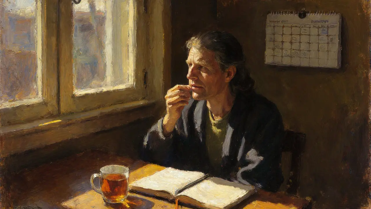 Pacient si pod jazyk dává buprenorfin v kuchyni, slunce osvětluje deník s terapeutickými poznámkami.